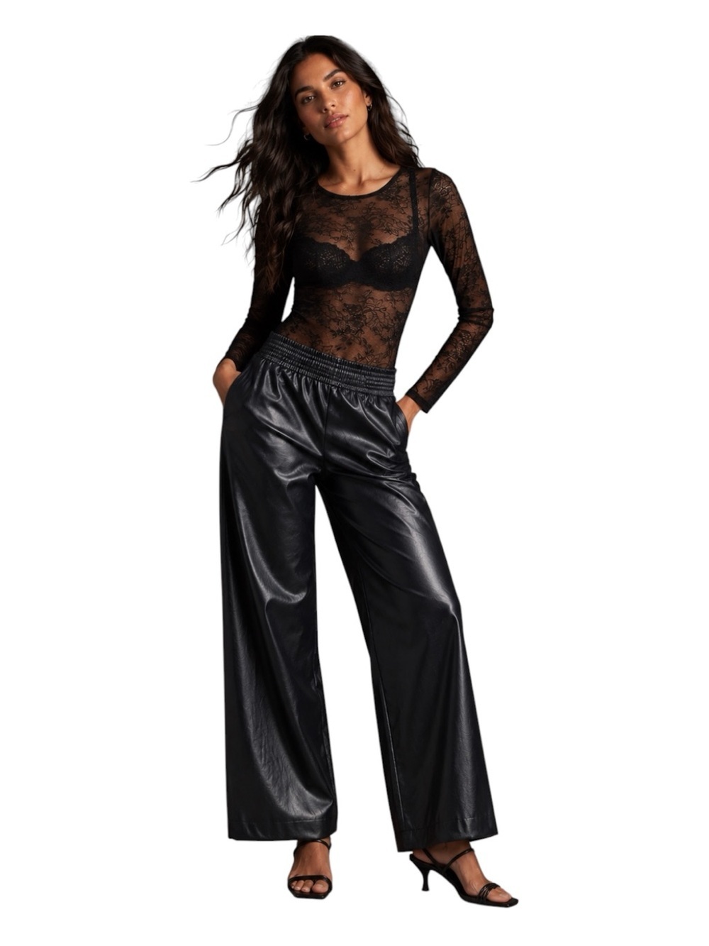 H & M Faux Leather Wide Leg Pants Black High Waist Relaxed Trousers Women's 4